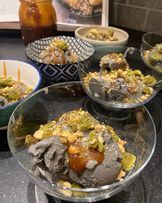 Black sesame ice cream with soy sauce caramel and matcha cookie crumble